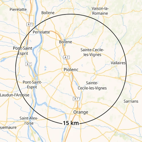 Renovation de phare à domicileCarte de la zone d’intervention de PhareVision84, couvrant un rayon de 15 km autour de Piolenc, dans le Vaucluse, pour les rendez-vous optiques à domicile.