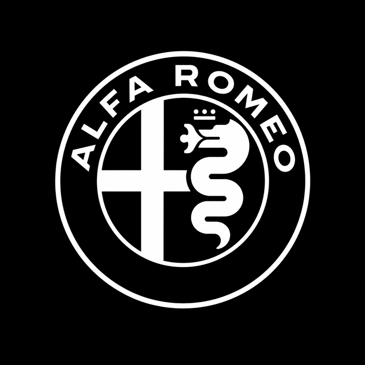 Need French title _=7 words, depict logo. _Emblème Alfa Romeo blanc et noir_ 5 words. Sentence case